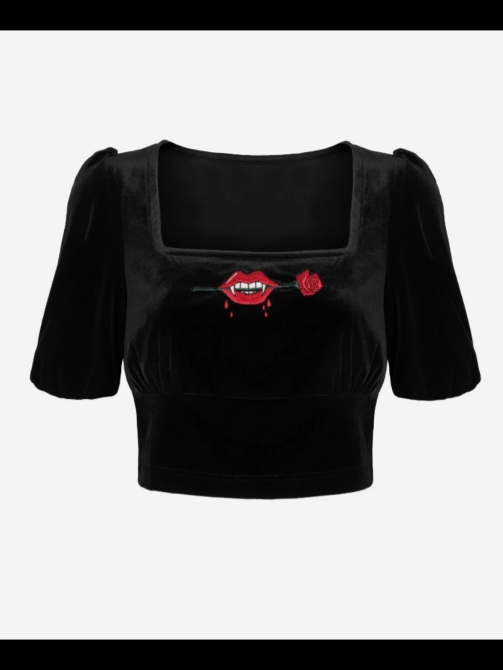 Hell Bunny Black Velvet Cropped Top with Rose & Vampire Kiss Embroidery